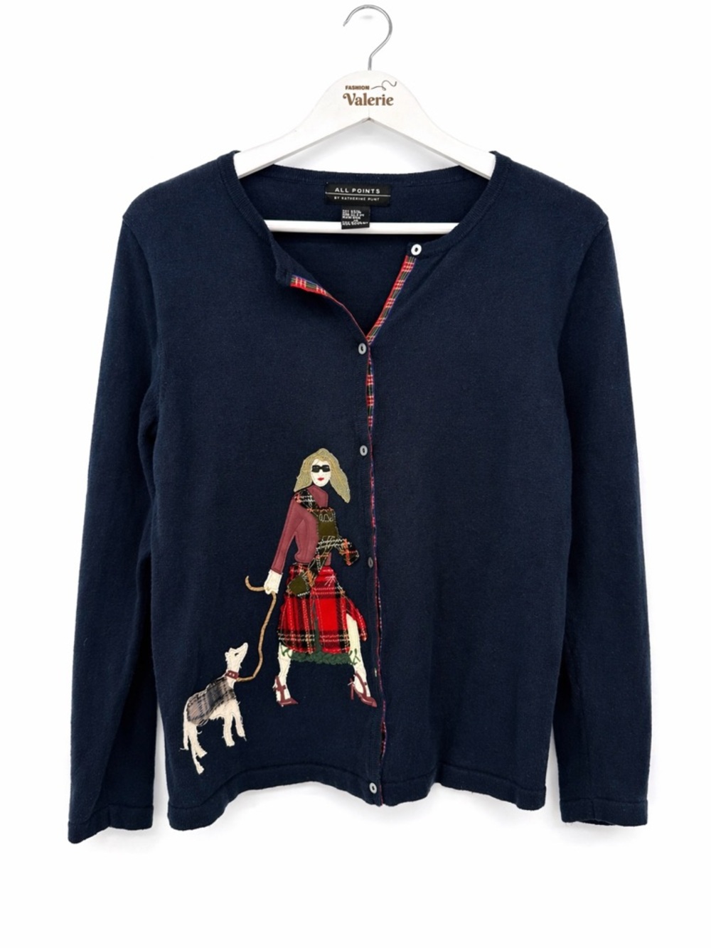 All Points Navy Blue Cardigan Sweater Plaid Dog Novelty Top Size Small Cotton